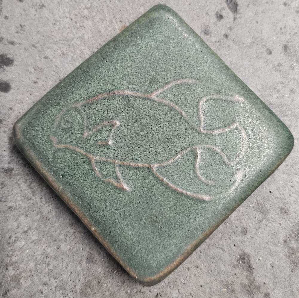 Vintage Pewabic 2.75" Green Fish Ceramic Tile - 1992
